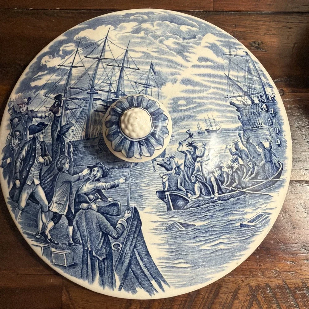 Liberty Blue Staffordshire China Serving Vegetable Bowl Lid Boston Tea Party